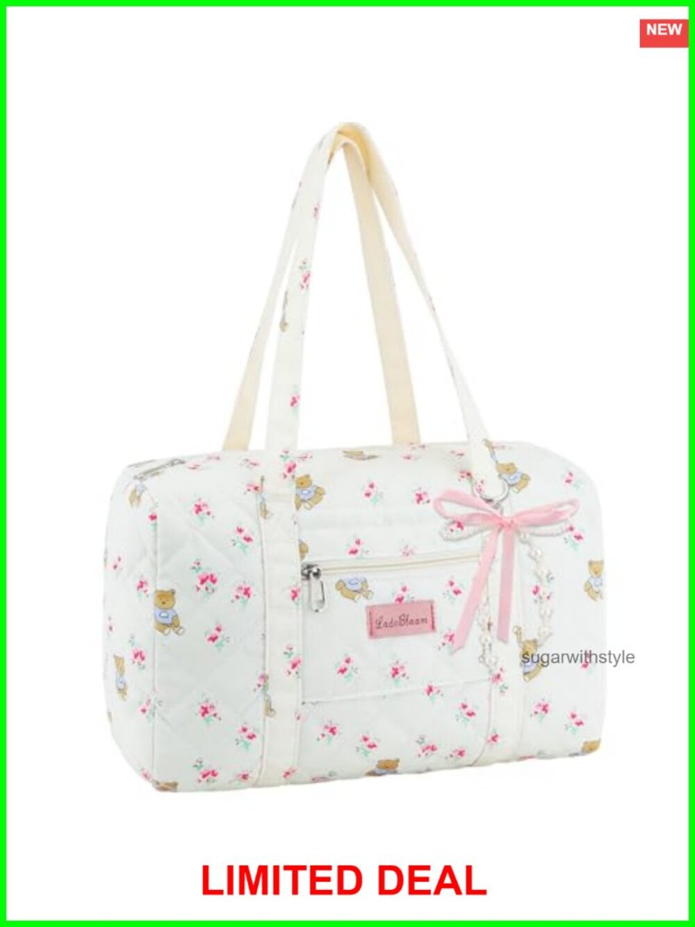 Quilted Duffel Bag with Bow Pearl Keychain Cotton Blend Travel Purse